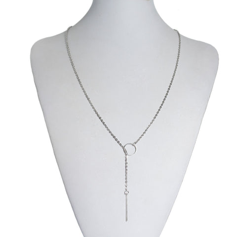 Y Shaped Lariat Necklace Link Cable Chain Silver Tone Circle With Rectangle Pendant - Sexy Sparkles Fashion Jewelry - 2