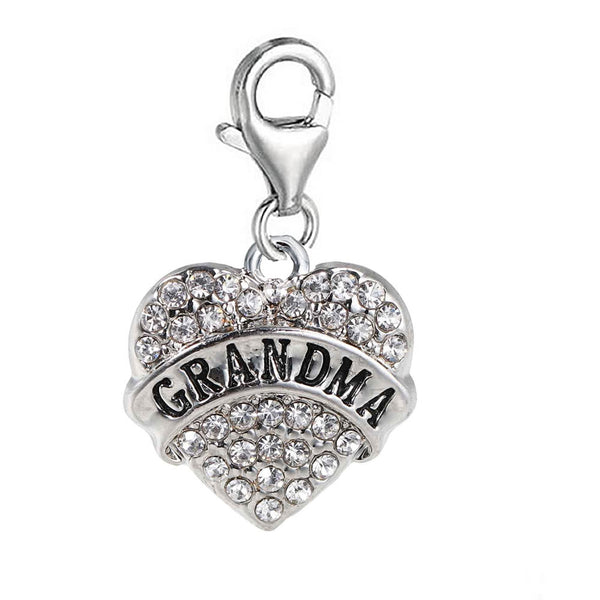 Grandma Heart Charm W/Clear Rhinestones Dangling Clip On lobster claw charm for bracelets or Necklace