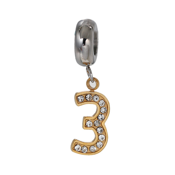 Sexy Sparkles Stainless Steel Letter Charms Number 3 Dangling European Compatible Fits Pandora Charms Bracelet