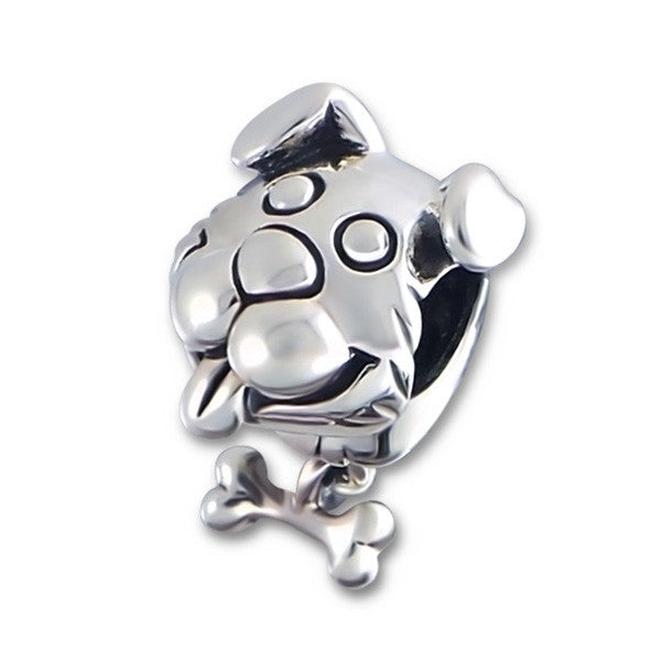 .925 Sterling Silver "Head Dog w Dangle Bone"  Charm Spacer Bead for Snake Chain Charm Bracelet - Sexy Sparkles Fashion Jewelry
