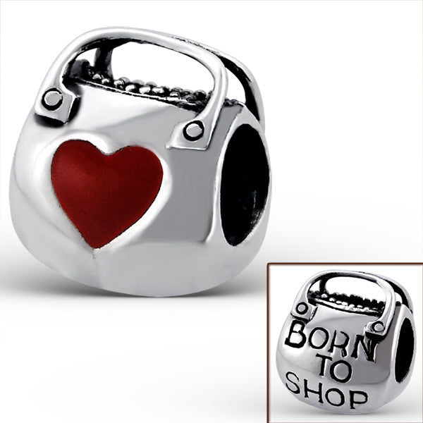 .925 Sterling Silver "Born To Shop Bag"  Charm Spacer Bead for Snake Chain Charm Bracelet - Sexy Sparkles Fashion Jewelry