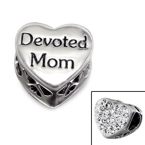 .925 Sterling Silver "Heart  w/ Rhinestone Clears Devoted Mom"  Charm Spacer Bead for Snake Chain Charm Bracelet - Sexy Sparkles Fashion Jewelry