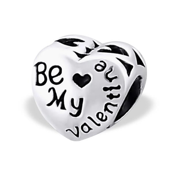.925 Sterling Silver "Heart Be My Valentine"  Charm Spacer Bead for Snake Chain Charm Bracelet