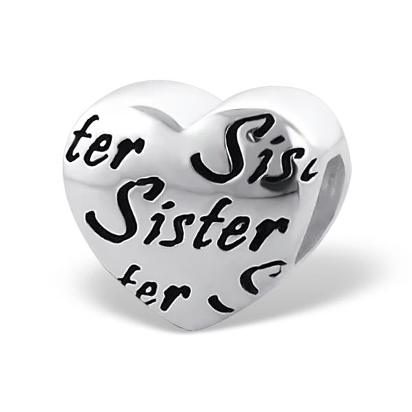 .925 Sterling Silver "Heart Sister"  Charm Spacer Bead for Snake Chain Charm Bracelet