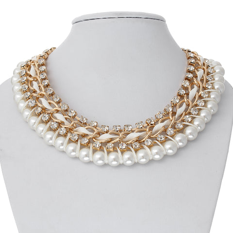 Fashion Jewelry Necklace Gold Plated with Clear Rhinestone White Acrylic Pearl Imitation Ball 15inch