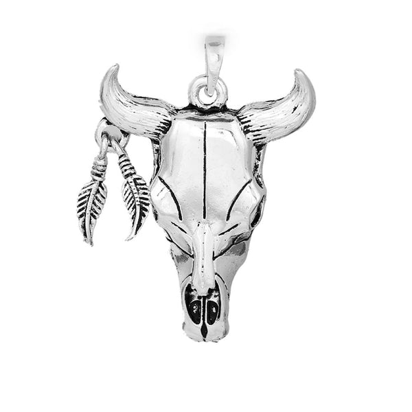 SEXY SPARKLES Indian Western Vintage Native Feather Cow Bull OX Horn Buffalo Skull Pendant
