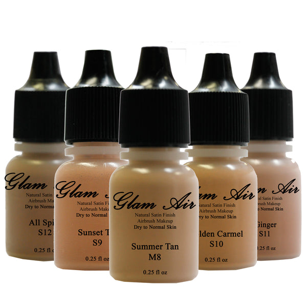Glam Air Airbrush Water-based Foundation in 5 Assorted Tan Satin Shades of foundation (Ideal for normal to dry Tan/Dark Olive skin)S8-S12
