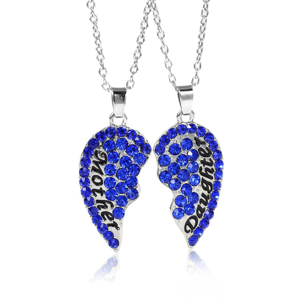 Necklace Long Link Cable Chain Broken Heart Message " Mother & Daughter " Pendants Royal Blue Rhinestone - Sexy Sparkles Fashion Jewelry - 1