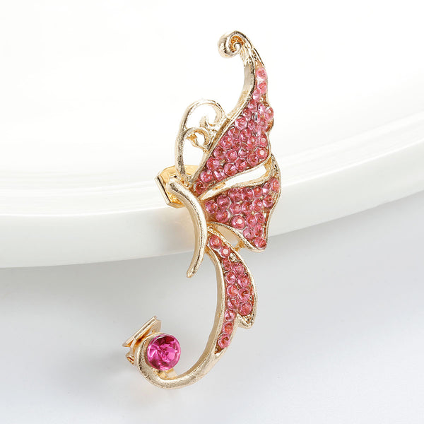 SEXY SPARKLES Ear Cuff Clip On Stud Wrap Earrings For Left Ear Butterfly Gold Plated W/Fuchsia Rhinestone - Sexy Sparkles Fashion Jewelry - 1