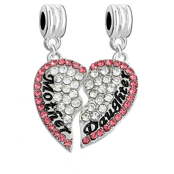 1 Pair Mother Daughter Hearts Love Charm With Fuchia Rhinestones Fits Snake Chains Brand Charm Bracelets - Sexy Sparkles Fashion Jewelry