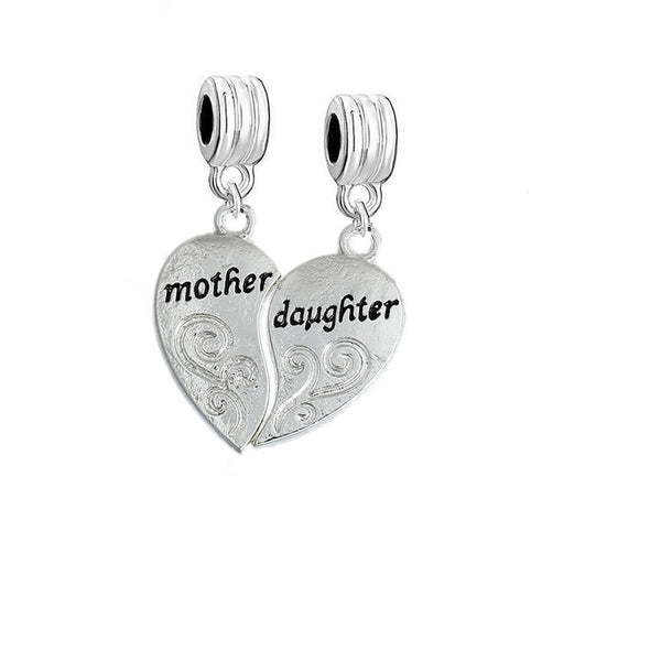 1 Pair Mother Daughter Hearts Love Dangle Charm Fits Snake Chains Brand Charm Bracelets