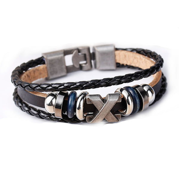 Women and Men's Real Leather Multilayer Bracelets Black Cord Metal Multicolor X Shape Beads