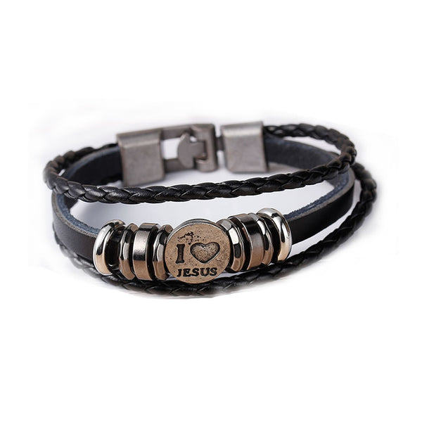 Women and Men's Real Leather Multilayer Bracelets Black Cord " I Love Jesus " Carved Metal Multicolor - Sexy Sparkles Fashion Jewelry - 1