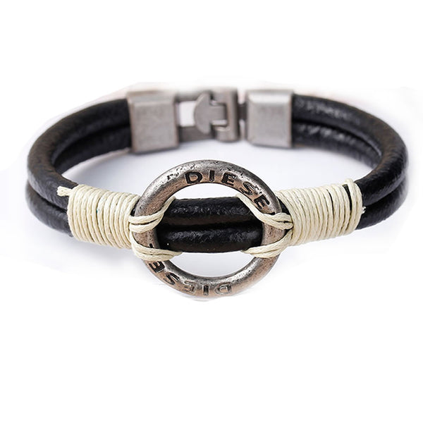Women and Men's Real Leather Multilayer Bracelets Black Cord " DIESEL " Hollow Metal Gunmetal Beads