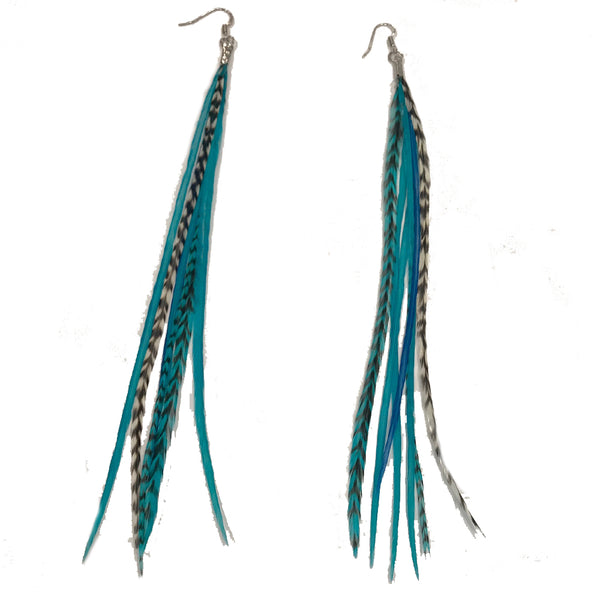 Aqua Blue Grizzly Feather Earrings Made with 7 Genuine Grizzly Rooster Feathers Each