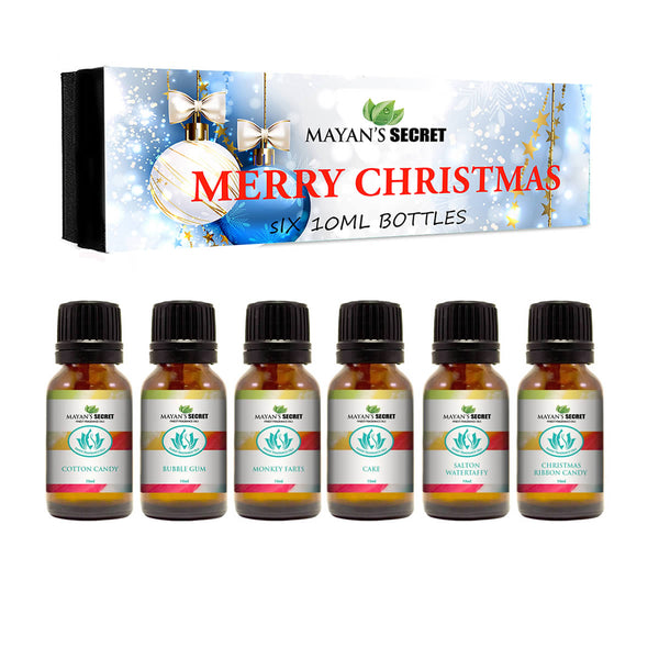 Premium Grade Fragrance Oil -Merry Christmas - Gift Set 6/10ml Cotton Candy, Bubble Gum, Monkey Farts, Cake, Salton Water taffy, Christmas Ribbon Candy