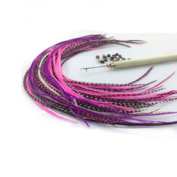 Feather Hair Extensions, 100% Real Rooster Feathers,20 Long Pink & Purple mix W/Beads and Loop Tool Kit
