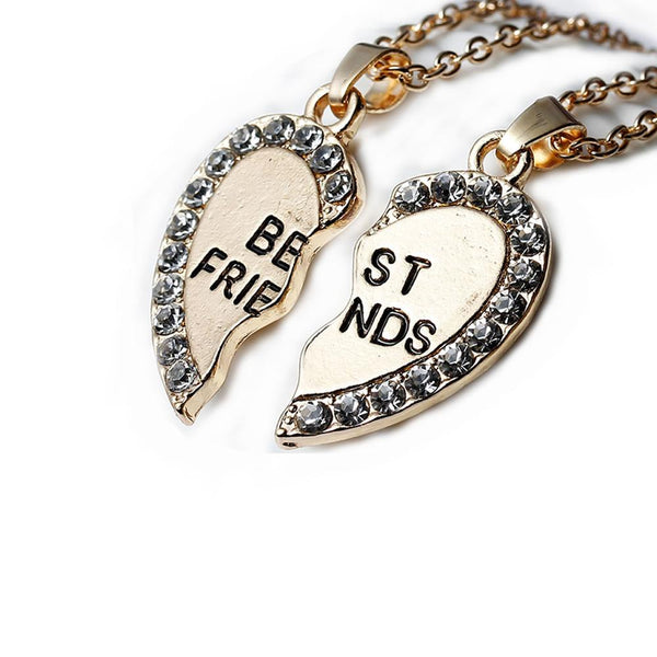 Link Chain Cable Necklace Gold Tone Broken Heart " BEST FRIENDS "Clear Rhinestone Pendant - Sexy Sparkles Fashion Jewelry