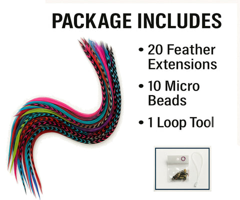Feather Hair Extensions, 100% Real Rooster Feathers, Long Rainbow Colors, 20 Feathers with 20 Beads and 1 Loop Tool Kit, By Sexy Sparkles