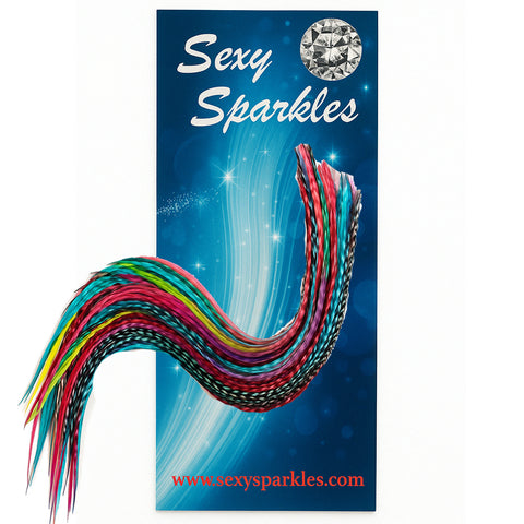 Feather Hair Extensions, 100% Real Rooster Feathers, Long Rainbow Colors, 20 Feathers with 20 Beads and 1 Loop Tool Kit, By Sexy Sparkles