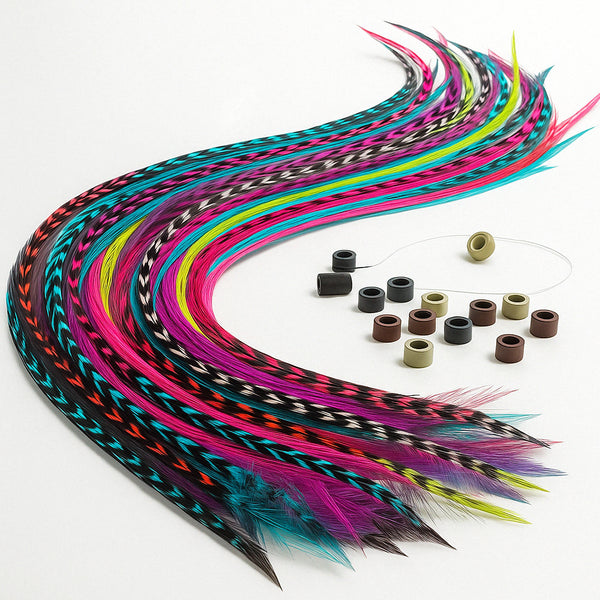 Feather Hair Extensions, 100% Real Rooster Feathers, Long Rainbow Colors, 20 Feathers with 20 Beads and 1 Loop Tool Kit, By Sexy Sparkles