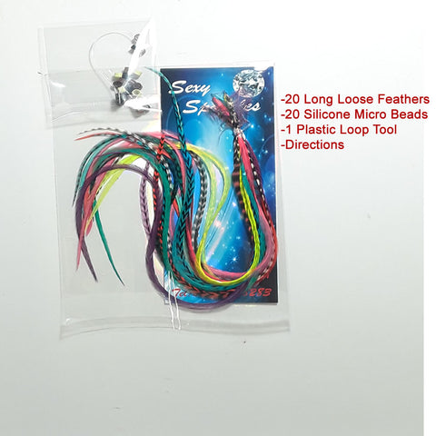 Feather Hair Extensions, 100% Real Rooster Feathers, Long Rainbow Colors, 20 Feathers with 20 Beads and 1 Loop Tool Kit, By Sexy Sparkles