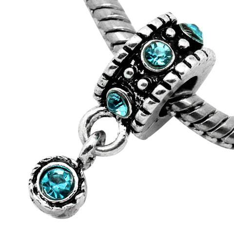 Dangle Bead w/ Aqua  Rhinestones March Birthstone European Bead Compatible for Most European Snake Chain Bracelet