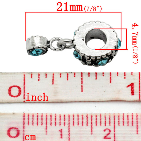 Dangle Bead w/ Aqua  Rhinestones March Birthstone European Bead Compatible for Most European Snake Chain Bracelet