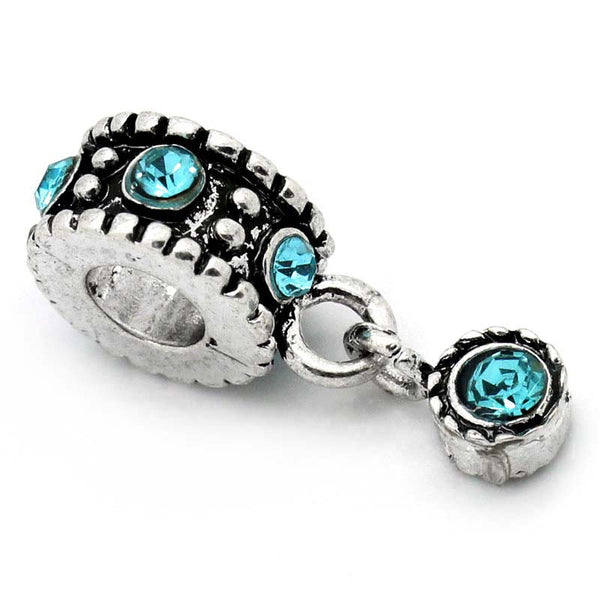 Dangle Bead w/ Aqua  Rhinestones March Birthstone European Bead Compatible for Most European Snake Chain Bracelet