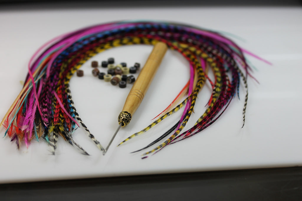 Feather Hair Extensions, 100% Real Rooster Feathers,20 Long Pink & Purple  mix W/Beads and Loop Tool Kit