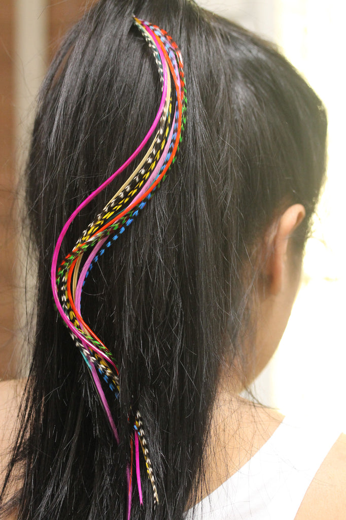  Feather Hair Extensions, 100% Real Rooster Feathers, Long Pink,  Purple, Blue Colors (B1 Striped Kit) : Beauty & Personal Care