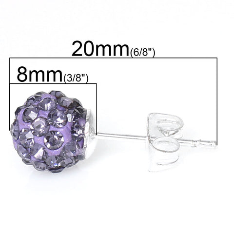 February Birthstone 8mm Rhinestones Crystal Fireball Disco Ball Pave Bead Stud Earrings - Sexy Sparkles Fashion Jewelry - 3