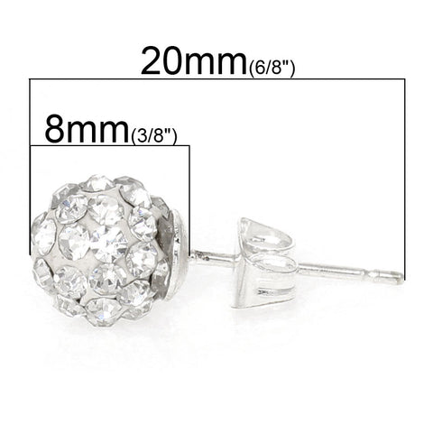 April Birthstone 8mm Rhinestones Crystal Fireball Disco Ball Pave Bead Stud Earrings - Sexy Sparkles Fashion Jewelry - 2