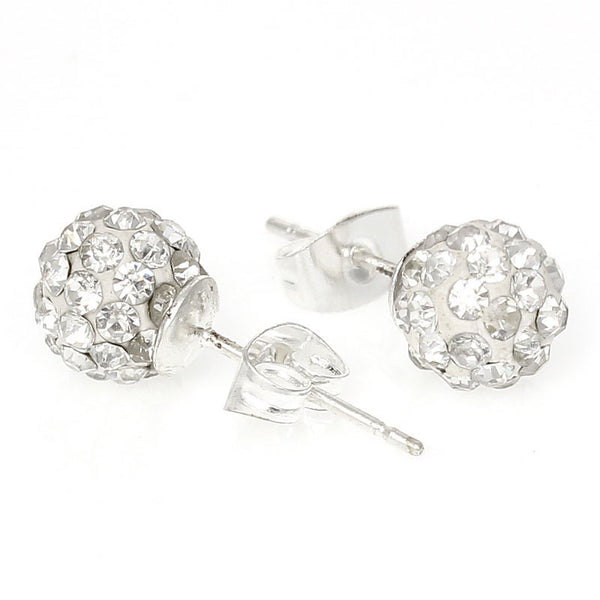 April Birthstone 8mm Rhinestones Crystal Fireball Disco Ball Pave Bead Stud Earrings - Sexy Sparkles Fashion Jewelry - 1