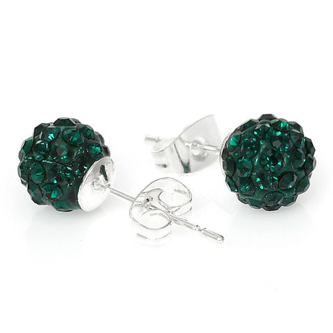 May Birthstone 8mm Rhinestones Crystal Fireball Disco Ball Pave Bead Stud Earrings - Sexy Sparkles Fashion Jewelry - 1