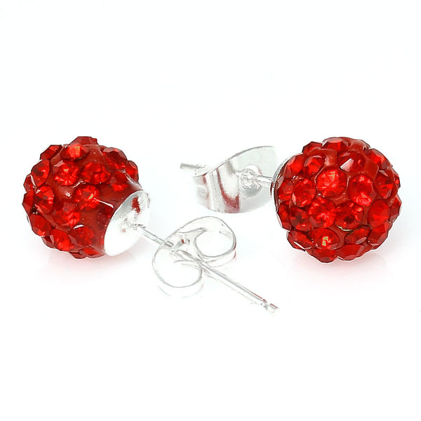 July Birthstone 8mm Rhinestones Crystal Fireball Disco Ball Pave Bead Stud Earrings