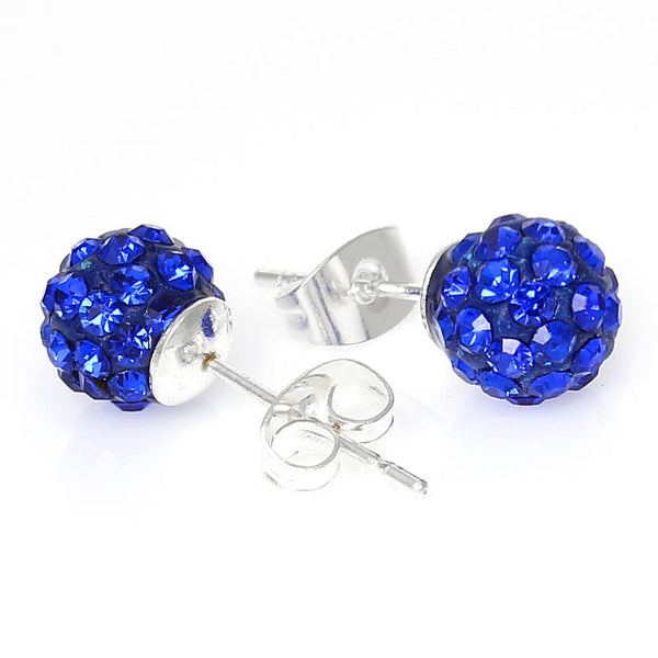 September Birthstone 8mm Rhinestones Crystal Fireball Disco Ball Pave Bead Stud Earrings - Sexy Sparkles Fashion Jewelry - 1