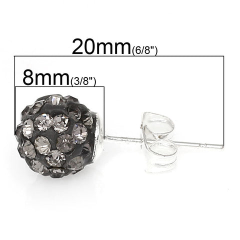 8mm Grey Rhinestones Crystal Fireball Disco Ball Pave Bead Stud Earrings - Sexy Sparkles Fashion Jewelry - 2