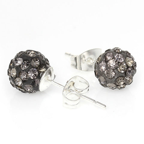 8mm Grey Rhinestones Crystal Fireball Disco Ball Pave Bead Stud Earrings - Sexy Sparkles Fashion Jewelry