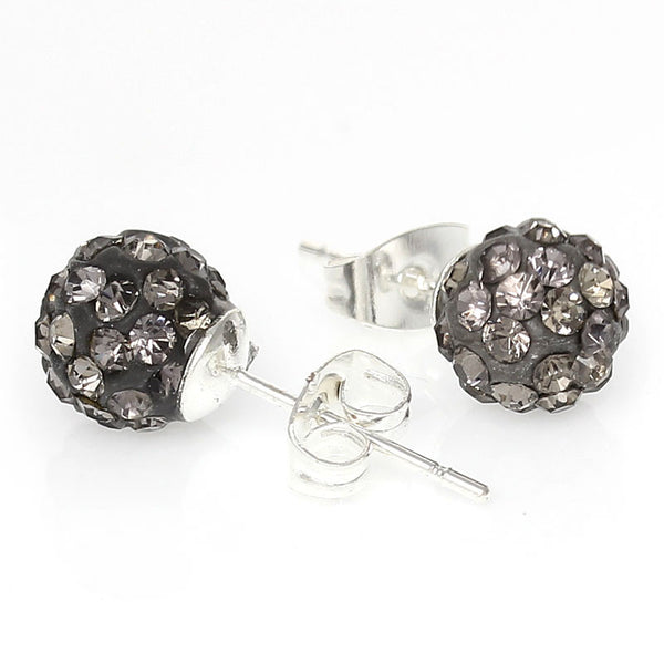 8mm Grey Rhinestones Crystal Fireball Disco Ball Pave Bead Stud Earrings