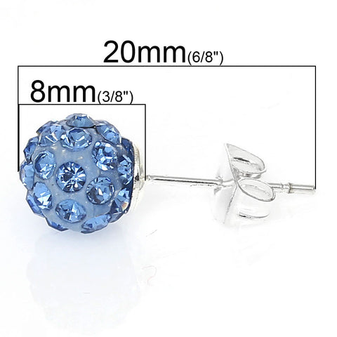 8mm Light Blue Rhinestones Crystal Fireball Disco Ball Pave Bead Stud Earrings - Sexy Sparkles Fashion Jewelry
