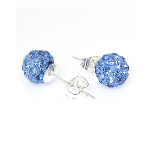 8mm Light Blue Rhinestones Crystal Fireball Disco Ball Pave Bead Stud Earrings - Sexy Sparkles Fashion Jewelry