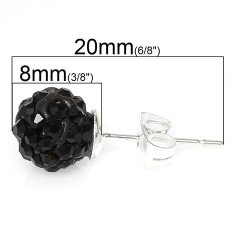 8mm Jet Black Rhinestones Crystal Fireball Disco Ball Pave Bead Stud Earrings - Sexy Sparkles Fashion Jewelry