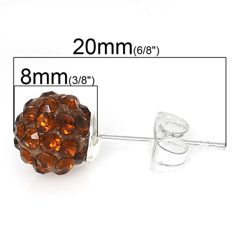 8mm Brown Rhinestones Crystal Fireball Disco Ball Pave Bead Stud Earrings - Sexy Sparkles Fashion Jewelry