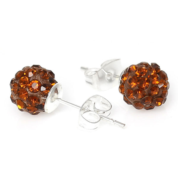 8mm Brown Rhinestones Crystal Fireball Disco Ball Pave Bead Stud Earrings