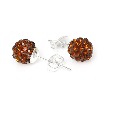 8mm Brown Rhinestones Crystal Fireball Disco Ball Pave Bead Stud Earrings - Sexy Sparkles Fashion Jewelry