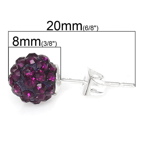 8mm Dark Purple Rhinestones Crystal Fireball Disco Ball Pave Bead Stud Earrings - Sexy Sparkles Fashion Jewelry