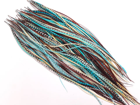 100% Genuine Feathers for hair Extensions Turquoise, White Grizzly  & Brown Long Thin Feathers for Hair Extension 7 Feathers