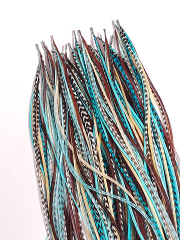 100% Genuine Feathers for hair Extensions Turquoise, White Grizzly  & Brown Long Thin Feathers for Hair Extension 7 Feathers