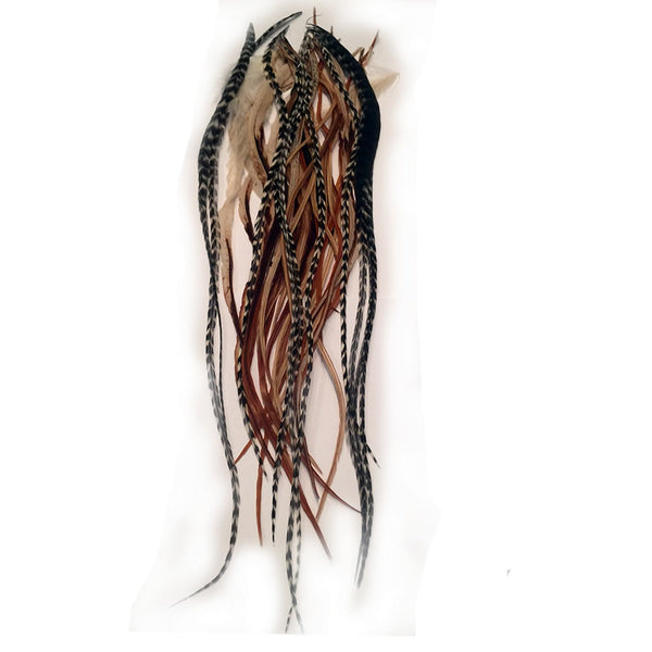 25 Feathers for hair extensions 6-11 Natural Mixes of brown & Grizzly Feathers for hair extensions